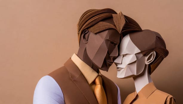  a couple, valentine concept, paper origami cool colors backlighting, paper art.