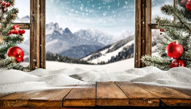 Wooden desk cover of snow and frost with christmas tree branch decoration.