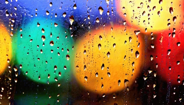 Closeup through window of rainy day with water dripping down glass against blurred