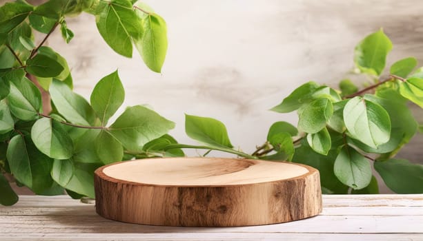 wood podium with green leaves for organic health products placement display mokcup template. 