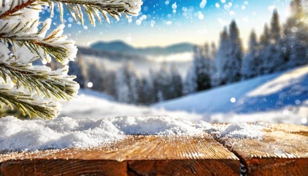 Wooden desk cover of snow and frost with christmas tree branch decoration.