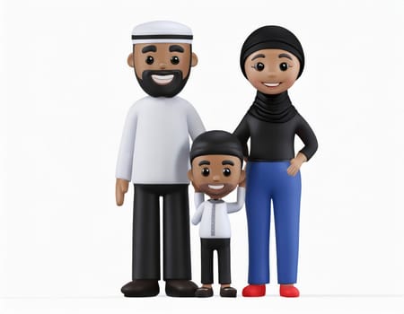 cute 3d character Muslim Family on White background, mother, father, boy and girl sons