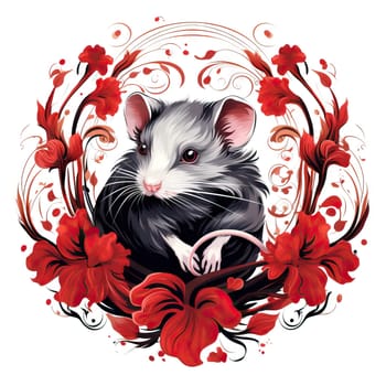 Illustration of a mouse in a decorative art style in a circle with a floral pattern on white background