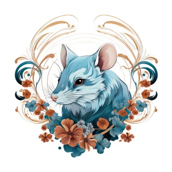 Illustration of a mouse in a decorative art style in a circle with a floral pattern on white background