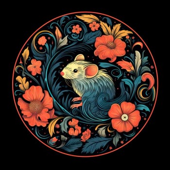 Illustration of a mouse in a decorative art style in a circle with a floral pattern on black background