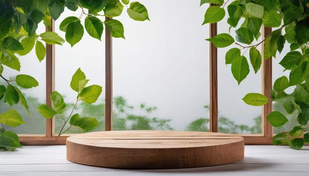 wood podium with green leaves for organic health products placement display mokcup template. 