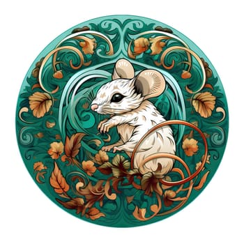 Illustration of a mouse in a decorative art style in a circle with a floral pattern on white background