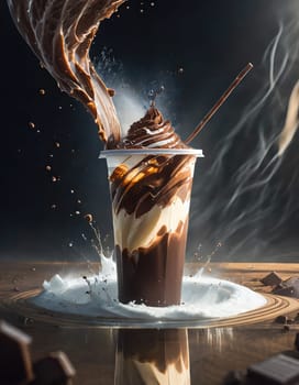 an iced chocolate drink with topped milk and powder cola in plastic cup