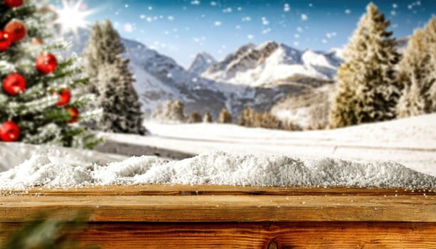 Wooden desk cover of snow and frost with christmas tree branch decoration.