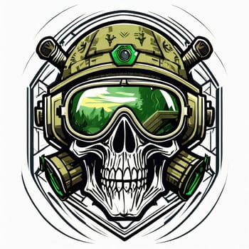 military logo skull night vision goggle, sticker for shirt or product design, on white white background 