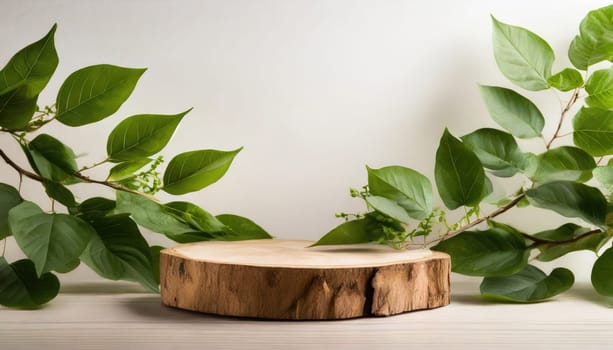 wood podium with green leaves for organic health products placement display mokcup template. 