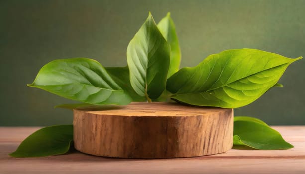 wood podium with green leaves for organic health products placement display mokcup template. 