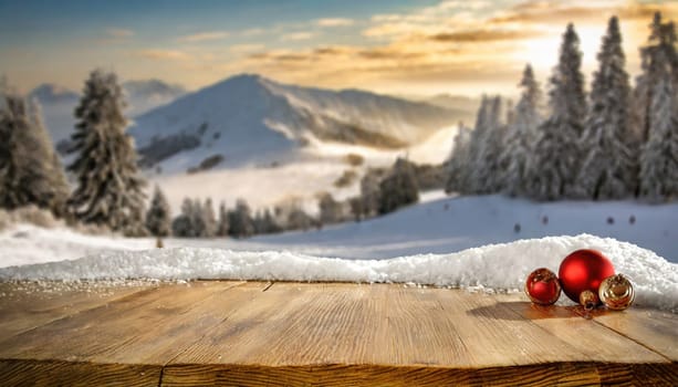 Wooden desk cover of snow and frost with christmas tree branch decoration.