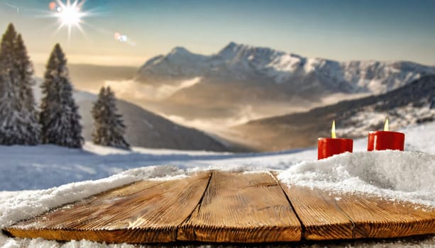 Wooden desk cover of snow and frost with christmas tree branch decoration.