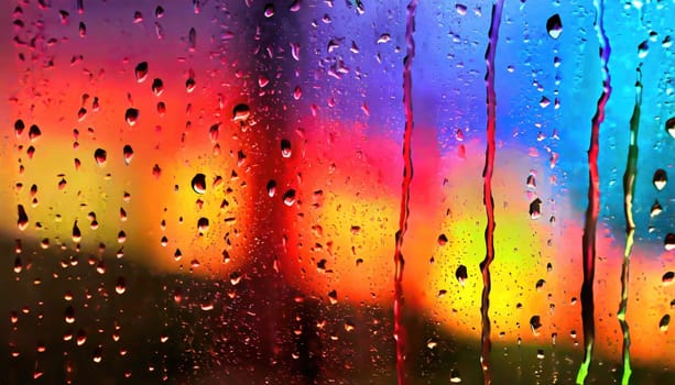 Closeup through window of rainy day with water dripping down glass against blurred