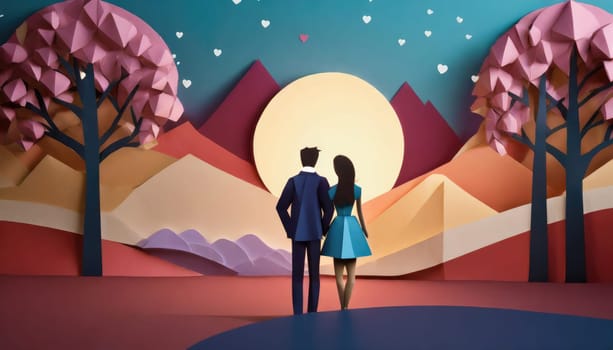  a couple, valentine concept, paper origami cool colors backlighting, paper art.