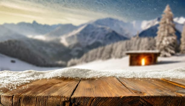 Wooden desk cover of snow and frost with christmas tree branch decoration.