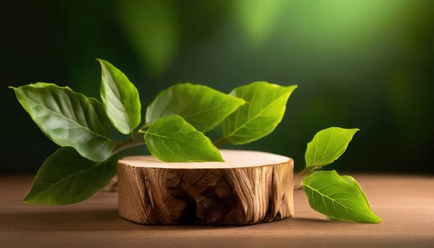 wood podium with green leaves for organic health products placement display mokcup template. 