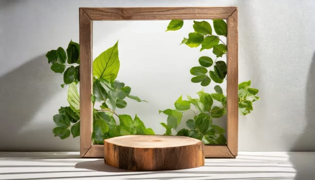 wood podium with green leaves for organic health products placement display mokcup template. 