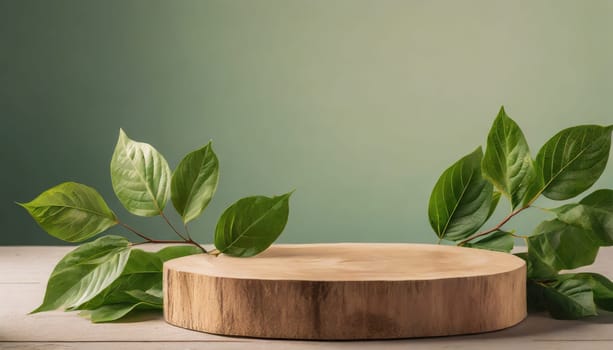 wood podium with green leaves for organic health products placement display mokcup template. 