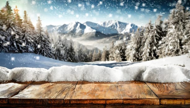 Wooden desk cover of snow and frost with christmas tree branch decoration.