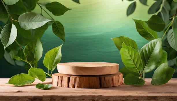 wood podium with green leaves for organic health products placement display mokcup template. 