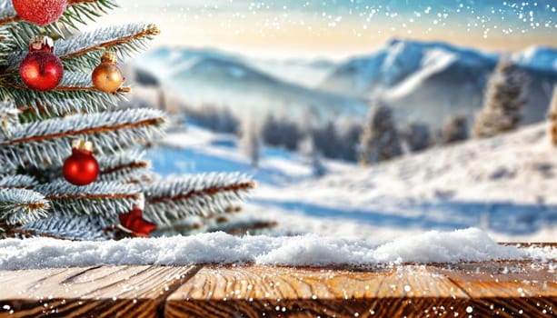 Wooden desk cover of snow and frost with christmas tree branch decoration.