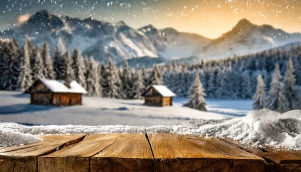 Wooden desk cover of snow and frost with christmas tree branch decoration.