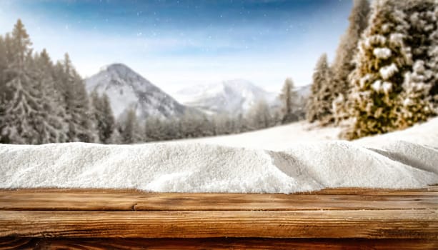 Wooden desk cover of snow and frost with christmas tree branch decoration.