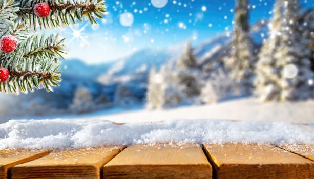 Wooden desk cover of snow and frost with christmas tree branch decoration.