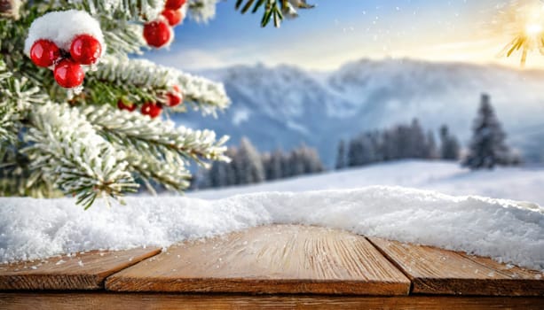 Wooden desk cover of snow and frost with christmas tree branch decoration.