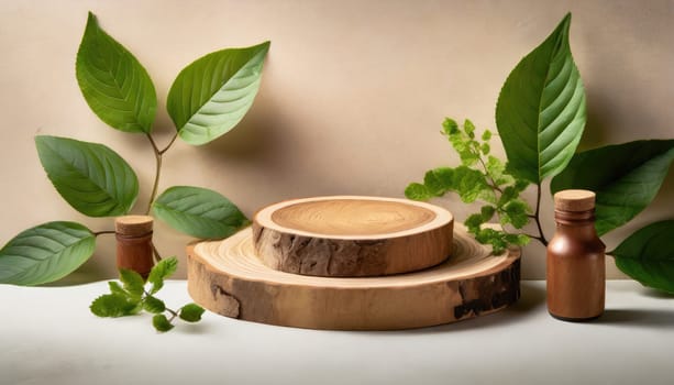 wood podium with green leaves for organic health products placement display mokcup template. 