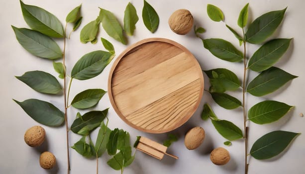 wood podium with green leaves for organic health products placement display mokcup template. 