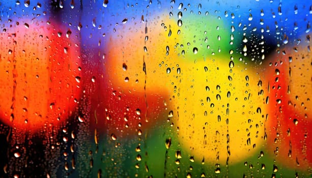 Closeup through window of rainy day with water dripping down glass against blurred