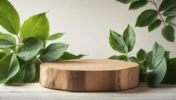 wood podium with green leaves for organic health products placement display mokcup template. 