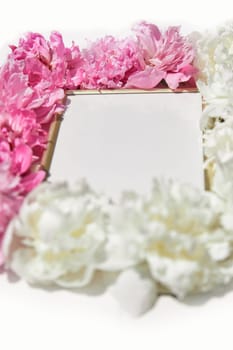 Beautiful frame with floral pions background. Free space for your design, mockup