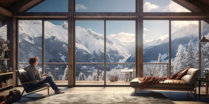 Traveler enjoying weekends inside contemporary barn house in the mountains. Happy tourist looking through panoramic windows in new cottage. comeliness