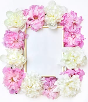 Beautiful frame with floral pions background. Free space for your design, mockup