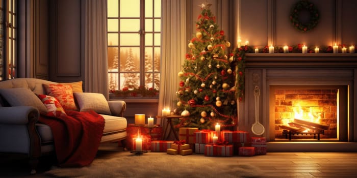 Interior of decorated living room with Christmas tree and comfortable sofa for family comeliness