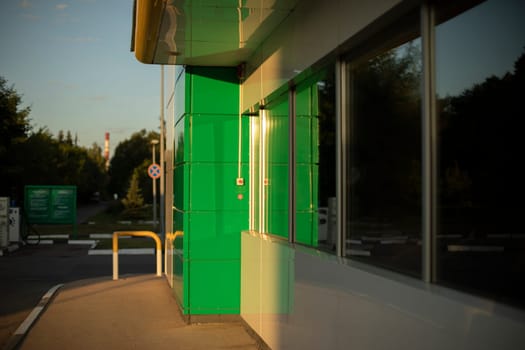 Details of magazine at gas station. Gas station building. Modern architecture.