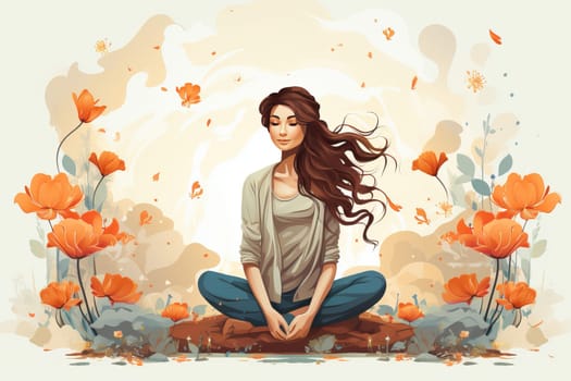Outdoor yoga concept, young girl sitting in lotus position and meditating.