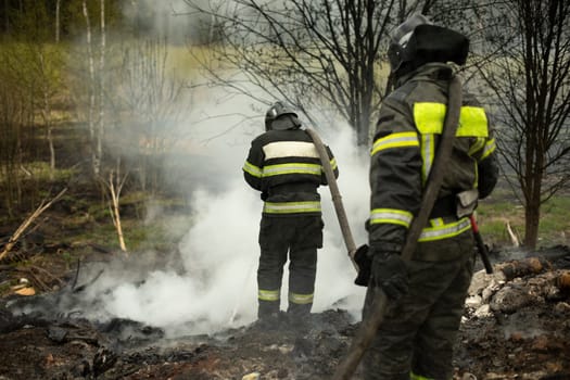 Two firefighters extinguish fire with water. People are holding hose. Rescuers are fighting fire. Lifeguards in woods. Men extinguish dump.