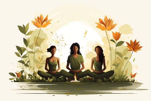 illustration for yoga concept, three girls sit in nature in lotus position and meditate.