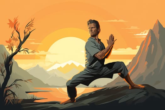 A man on the background of a mountain is doing yoga, doing sports and leading a healthy lifestyle. A 50 year old man stretches to the side.