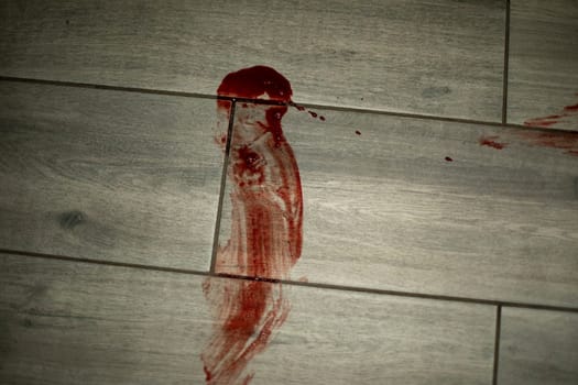 Blood on laminate. Bloody trail on floor. Dirt in room. Red Trail.