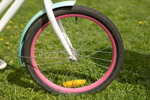 Bicycle wheel in summer. Wheel with pink rim. Children's bike. Transport on green grass.