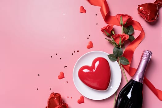 Valentines day. heart shaped glazed valentine cake and flowers on pink background, copy space