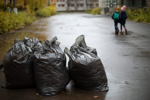 Garbage. Plastic black bags. Cleaning area. Order in yard in autumn.