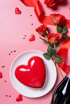 Valentines day. heart shaped glazed valentine cake and flowers on pink background, copy space