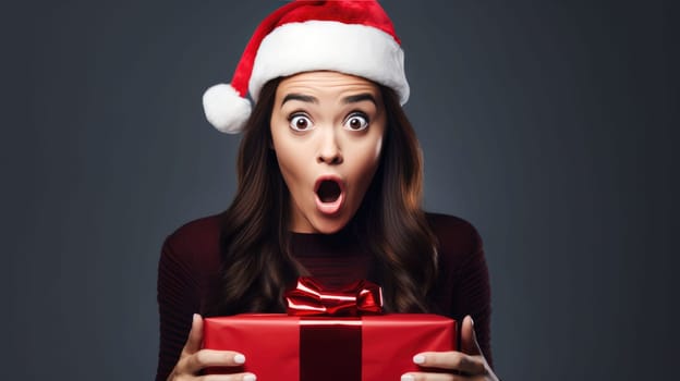 Surprised girl in Santa Claus hat holding gift box. Christmas holidays. Boxing Day shopping. Holiday shopping.
